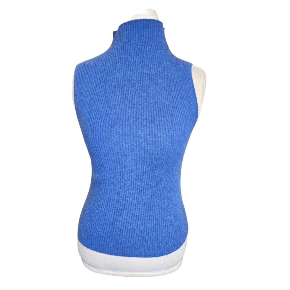 Womens Blue Sleeveless Ribbed Cashmere Sweater High Neck Mockneck Sz‎ M Fitted